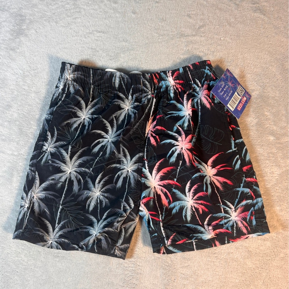 Uzzi Boys Large Tropical Palm Tree Swim Trunks Black Neon Pink Blue K029 NWT